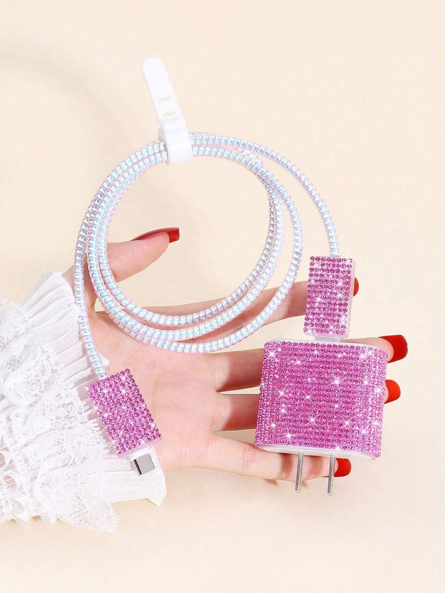 Pink Bling Rhinestone 5pcs/Set Apple Phone Data Cable Protection Kit Rhinestone Winding Cord Organizer, Anti Bending Cable & Charger Head Protector Women's Day Gift - Pink - View 1