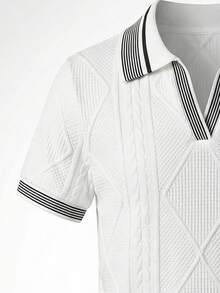 Set de 2 piezas de camiseta polo de manga corta con cuello en V y pantalones cortos con patrón geométrico bordado de caballo en contraste de color, estilo casual de vacaciones para niños, adecuado para uso diario, al aire libre, reuniones, primavera/verano - Blanco - Ver 9