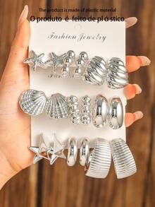 2-18pcs Women Silver-Tone Personalized Earrings Set, Fashion CZ Stud Earrings, Pendant Earrings, Versatile Daily Wear - Silver - View 15