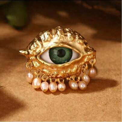 1枚复古镀金铜质恶魔眼和天然粉色珍珠可调节戒指，女士配饰礼物，适合约会、派对等场合