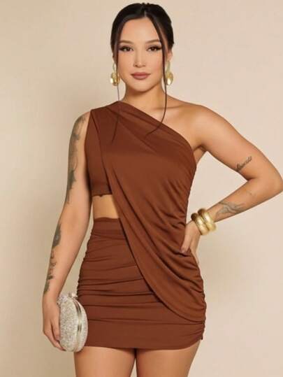 Vestido Conjunto 3 Pecas Transpassado Festa Curto Um Ombro So Mula Manca Festa Assimétrico Cruzado Enrugado Casamento Noite Formatura Estiloso Suplex