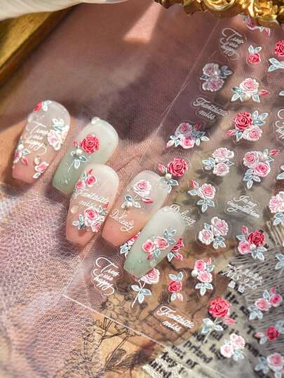 1 张花朵美甲贴纸 - 5D 浮雕，3D 珍珠，粉色和白色玫瑰图案，DIY 美甲装饰自粘贴纸，女士适用。