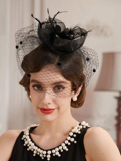 1 件女士礼帽，药盒帽，20 年代、30 年代、50 年代复古头饰，圆顶礼帽，花朵面纱，婚礼茶会帽