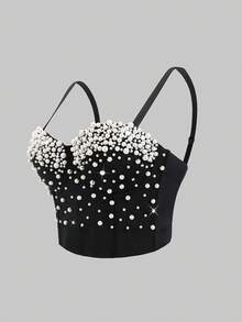Handmade Faux Pearl Versatile Backless Camisole Top, Fashionable Resort Style Casual Black Summer - Black - View 8