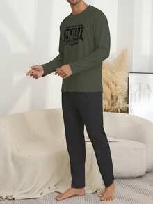 2pcs Men's Sleepwear Set, Round Neck Long Sleeve Letter Print Top And Solid Color Pants, Casual And Comfortable, Suitable For Lounging And Outerwear, Spring/Autumn - Dark Green - View 4
