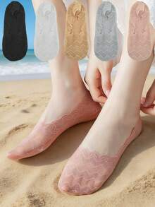 5/10 Pairs Women's Summer Thin Anti-Slip Lace Diamond Shaped Invisible Liner Socks - Multicolor - View 2