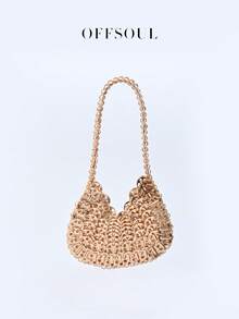 复古金属亮片编织银色手拿包，时尚复古闪光手提包，适合女士，用途广泛，可用于派对、宴会，新月形 - 金色 - 查看 9