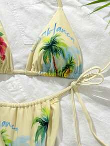 新款柔软加垫印花挂脖系带优雅派对比基尼套装，女士夏季沙滩时尚泳装 - 黃色 - 查看 5