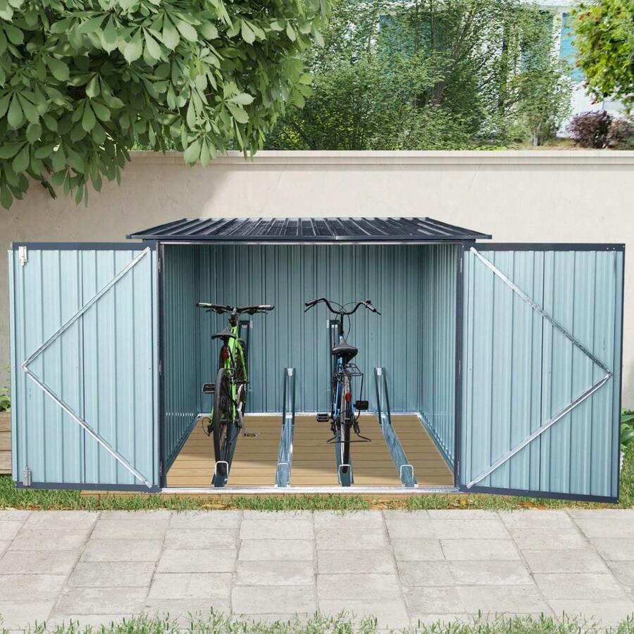 6FTx 6FT Outdoor Steel Storage Shed For Bicycle With Slope Roof And 4 Bike Tracks, Black - Default - View 1