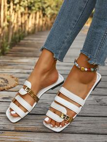 Women's Gold Strap Decor Multi-Strap Design Fashionable Flat Open Toe Slippers, Light Luxury Style Spring & Summer White Lychee Pattern PU Leather Sandals, Must-Have Valentine's Day Outfit Beach Vacation Shoes, Elegant Slip-On Sandals For Commuting & Daily Wear, Lightweight Summer Beach Travel Sandals, New Spring Summer Versatile Outdoor White Beach Slippers, Elegant Ladies Sandals - White - View 5