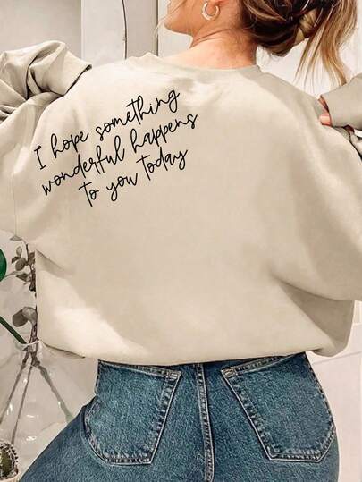 Wonderful Day Kind, Positive Letter Graphic Cute Women Plus Size Fleece Sweatshirt, Casual Crew Neck Long Sleeve Pullover For Women, Plus Size