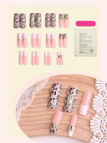 24 piezas Uñas postizas acrílicas francesas cuadradas y largas, con estampado de leopardo y decoraciones de cruz y corazón de metal 3D, en un estilo retro y de moda Y2K, con cobertura completa brillante, adecuadas para uso diario de mujeres y niñas - Multicolor - Ver 3