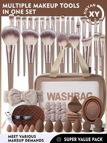 53PCS Makeup Tools Set Including:25PCS Makeup Brush Set+1pc Multi-Functional Zipper Toiletry And Cosmetic Bag Waterproof+5PCS Makeup Sponges+5PCS Mini Makeup Sponges+5PCS Triangle Powder Puffs+5PCS Mini Air Cushion Powder Puffs+1pc Hairband+2PCS Hand Bowl Strap+1pc Makeup Brush Cleaning Tools+2PCS Facial Cleansing Sponges+1pc Eyelash Curler - Brown - View 1