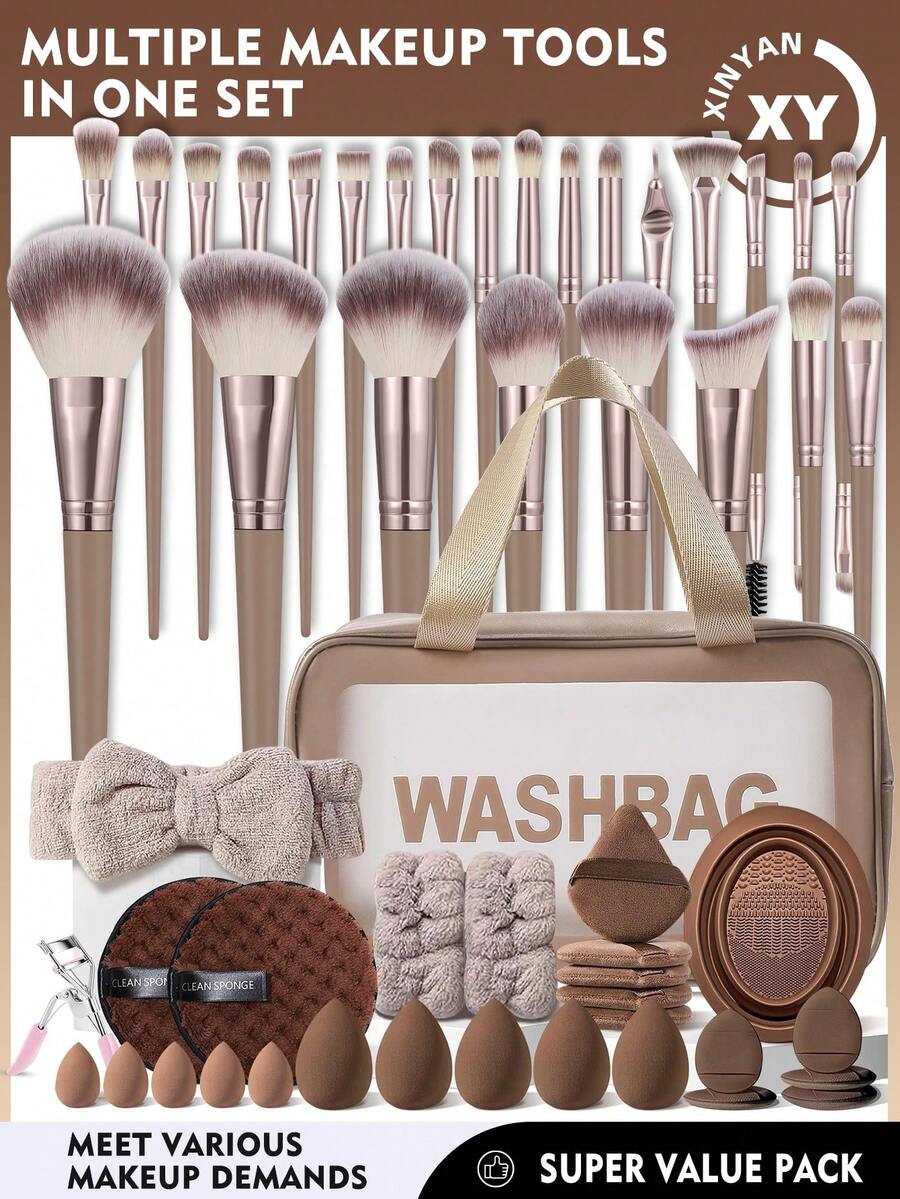 53PCS Makeup Tools Set Including:25PCS Makeup Brush Set+1pc Multi-Functional Zipper Toiletry And Cosmetic Bag Waterproof+5PCS Makeup Sponges+5PCS Mini Makeup Sponges+5PCS Triangle Powder Puffs+5PCS Mini Air Cushion Powder Puffs+1pc Hairband+2PCS Hand Bowl Strap+1pc Makeup Brush Cleaning Tools+2PCS Facial Cleansing Sponges+1pc Eyelash Curler - Brown - View 1