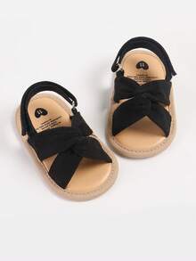 婴幼儿男女童夏季凉鞋，露趾蕾丝公主裙平底婚鞋，新生儿学步鞋软底防滑 - 黑色 - 查看 3