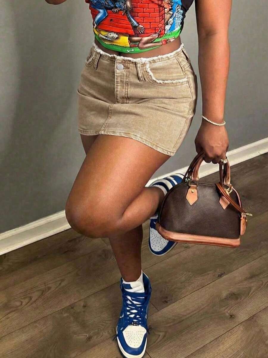 波西米亚风优雅女士牛仔迷你裙，中等弹力，休闲百搭，适合各种场合 - 卡其色 - 查看 1