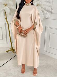 AIJ Abito elegante da donna Amarilo, di colore unito, minimalista, casual, con collo alto e cintura in vita - Albicocca - Visualizzare 3