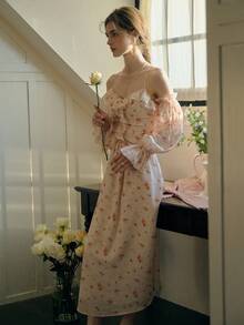 Simple Retro Váy hai dây tay phồng xếp ly cho nữ, thích hợp cho kỳ nghỉ hè và xuân, váy hoa cho nữ, váy hai dây. - Màu be - Xem 5