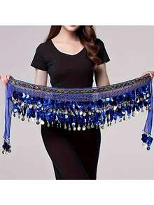 1pc Sequin Fringe Waist Skirt, Belly Dance Hip Scarf With Copper Coins & Rhinestones, Dance Skirt - Multicolor - View 10