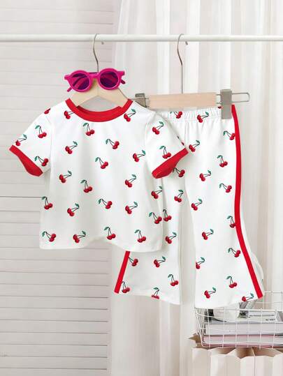 2pcs/Set - Suitable For Spring/Summer - Baby Girls Cherry Print Outfit, Sweet Round Neck Short Sleeve Top + Red Trim Flared Pants, Adorable Ins Style Fashionable Baby/Toddler Girl Summer Comfortable Versatile Outfit, Fit For 0-1-2-3 Years Old, 6-9 Months