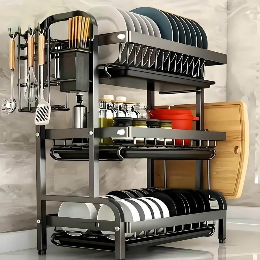Three-Tier, Large-Capacity Drain Rack, Dish Rack Kitchen Essentials, Sturdy And Durable, Suitable For Kitchen Decor, Organizer Storage, And Kitchen Storage. It Can Hold Dishes, Cutlery, Spoons, Chopsticks, Cups, Coffee Cups, And Other Tableware - 黑色 - 查看 1