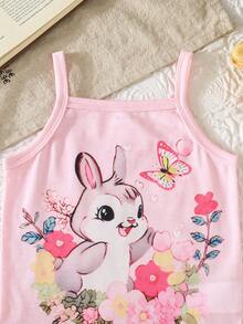 3pcs/Set Baby Girls' Sleeveless Cute Cartoon Rabbit & Floral Print Romper Outfit, Summer - Pink - View 4