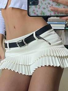 Women's Low Waist Pleated Mini Skirt With Belt & Ruffle Hem A-Line Skirt, Suitable For Casual Daily Wear, Vacation, Street Style In Summer Spring - Beige - View 2