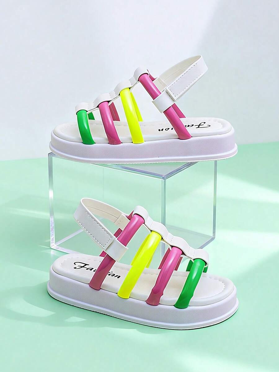 2026 Summer Street Cool Limited Edition Girls[3-1 Years Toddler Infant Soft Sole First Walkers Neon Green Pink Yellow Color Blocking Reflective Wide Strap Design Lightweight EVA Non-Slip Platform Sole Open Toe Adjustable Ankle Strap 5cm Platform Neon Y2K Sporty Style Kids Platform Sandals Girls Outdoor Fashion Shoes For Amusement Park Skate Street Daily Wear - Multicolor - View 1