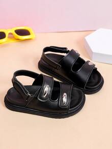 1 Pair Unisex Solid Color Flat Sandals, Soft Sole Non-Slip Children Beach Shoes, Lightweight Durable Outdoor Sports Sandals, Suitable For Summer - Black - View 2