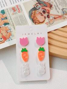 3对/套 可爱亚克力复活节耳钉套装，郁金香、胡萝卜、兔子设计，甜美少女风，节日礼物耳环套装 - 復活節 - 查看 6