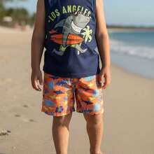 Conjunto de Regata com Estampa de Dinossauro Cartoon e Shorts Verde Sólido para Bebê Menino, Estilo Alegre e Fofo, Adequado para Aventura ao Ar Livre, Uso Doméstico Confortável e Festa Feliz - TUBARÃO - Visão 2