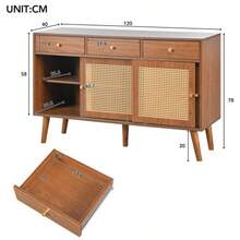 Sideboard, Chest Of Drawers With 3 Drawers And 3 Sliding Doors, Woven Rattan Door Fronts, Solid Wood Legs, Gold-Tone Metal Bar Handle, Adjustable Shelves, Walnut Color, 120 X 40 X 78 Cm - 自然色 - 查看 5