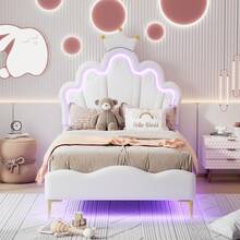 Caluself 90*200cm Flat Double Bed, Single Bed, Crown-Shaped Princess Bed, Soft PU Leather Upholstery, White - 白色 - 查看 1