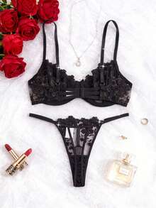 Women's 2pcs Romantic Lace Lingerie Set - Black Floral Embroidery Valentine's Day Gift - 黑色 - 查看 3