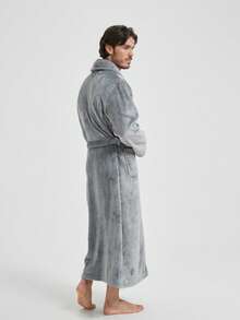 1pc Couple's Warm Flannel Shawl Neck Loose Casual Soft Thermal Lined Long Sleeve Fluffy Robe With Pockets, Suitable For Home Wear, Autumn/Winter - Light Grey - View 3