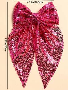 1个女孩闪亮亮片蝴蝶结发夹，可爱返校季亮粉色闪光蝴蝶结发夹金属鳄鱼夹发卡发饰，适合节日派对和日常使用 - 玫紅色 - 查看 5
