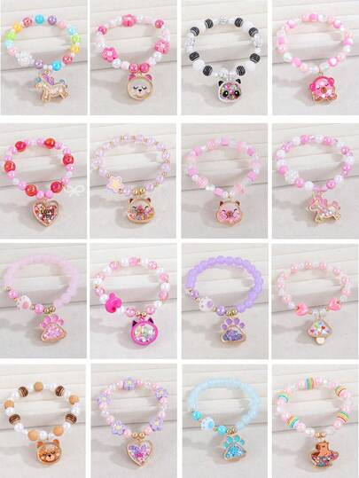 1Pc Girls Cat Capybara Unicorn Heart Shaped Charm Full-Fill Glitters Colorful Sequins Decor Beaded Bracelet Best Gift