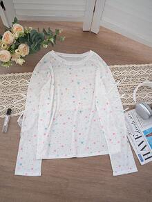 女士星形印花长袖T恤，宽松蝴蝶结设计，春夏返校季新款 - 白色 - 查看 6