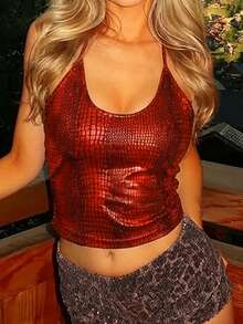 Omen's Gothic Edgy Tie-Strap Halter Crop Top - Red & Black Crocodile Print, Deep V-Neck, Slim Fit, Summer Outfit For Women, Elegant Sexy Style, Valentine's Day Outfit, Party Outfit, Music Festival Outfit, Vacation Outfit, Going Out Top, Beach Outfit - Multicolor - View 5