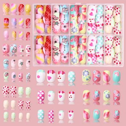 NAIO 120片装（5种款式）儿童小号按压式假指甲，亚克力材质，全覆盖，彩虹爱心可爱卡通亮面按压式假指甲套装，短款椭圆形假指甲套装，按压式美甲装饰礼品，附赠3卷胶带和3把指甲锉等美甲用品。