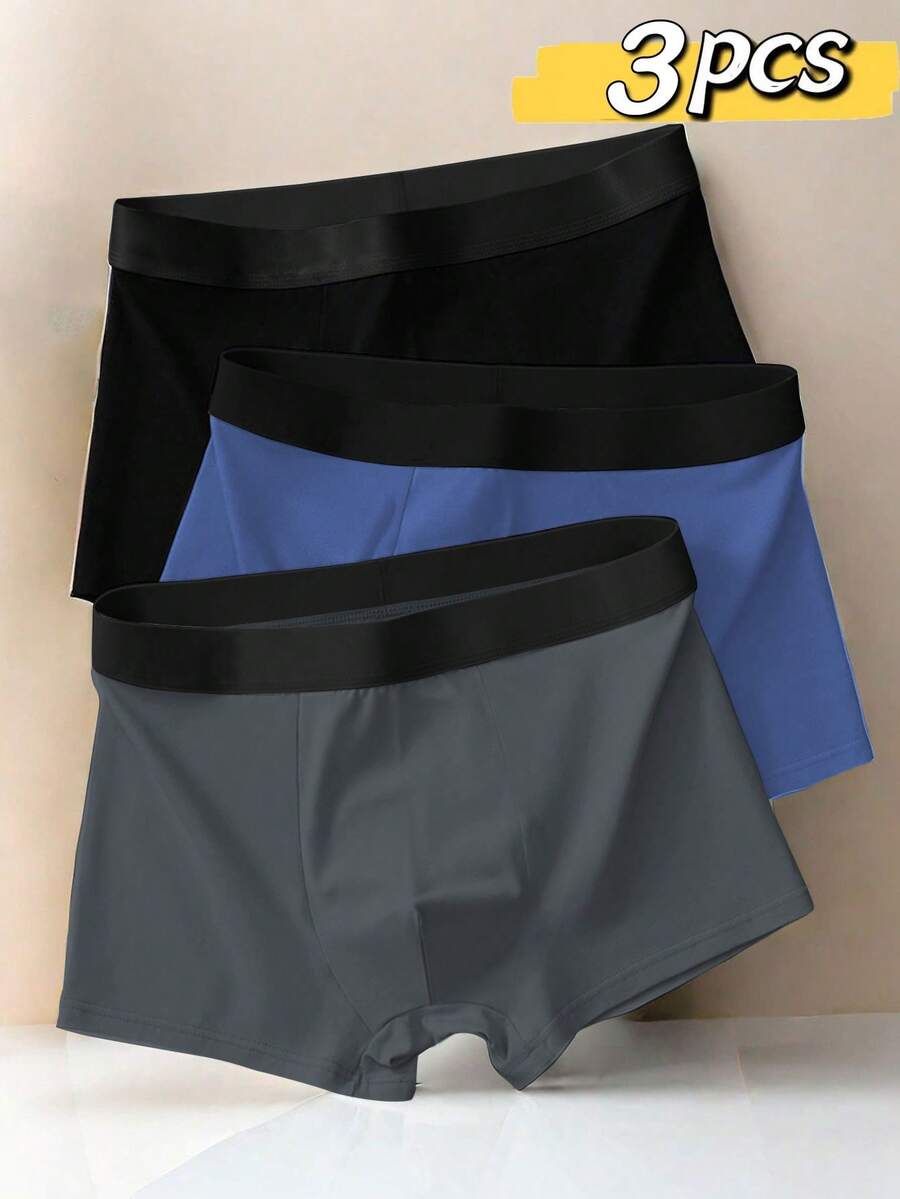 3 piezas/paquete Calzoncillos tipo bóxer de hombre de unicolor y alta elasticidad
