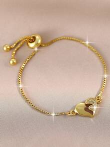 1 pieza Pulsera de cadena con circonita cúbica con diseño hueco en forma de corazón, diseño minimalista y único, ajustable, adecuado para uso diario, regalo para niñas/adolescentes - Amarillo - Ver 2