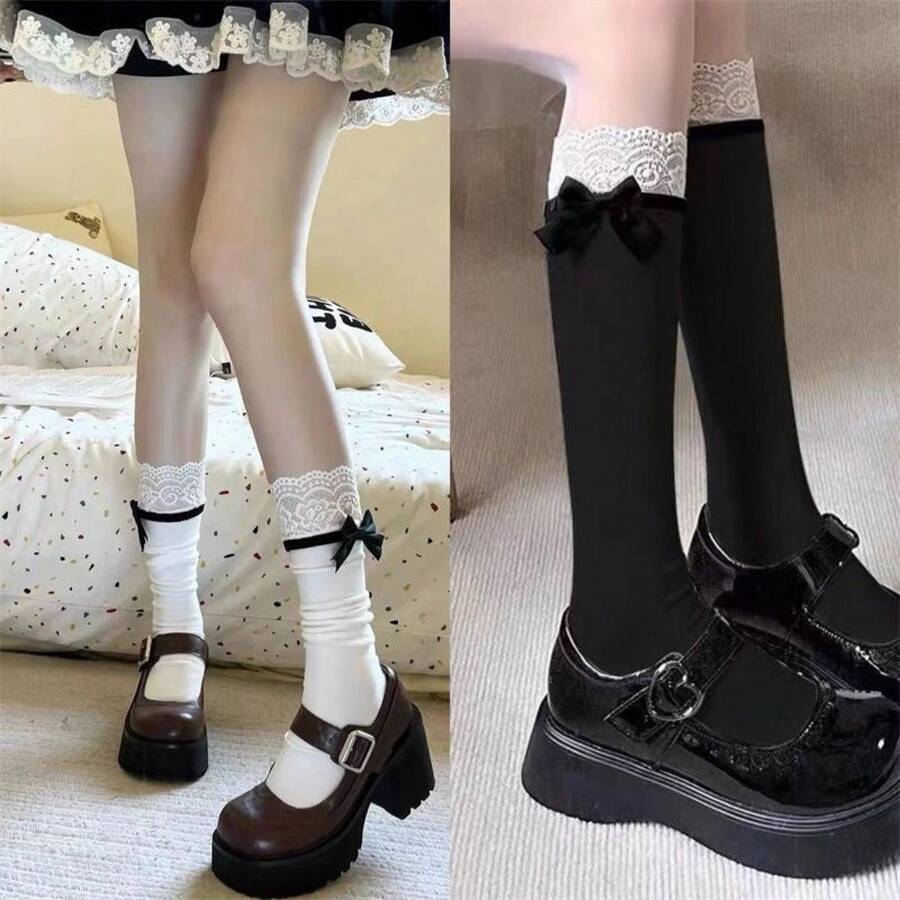1 Style Pure Desire Versatile Japanese Cotton Calf Socks Lace Trim Bow Mid-Calf Socks JK Lolita Daily Mary Jane Socks - 黑色 - 查看 1