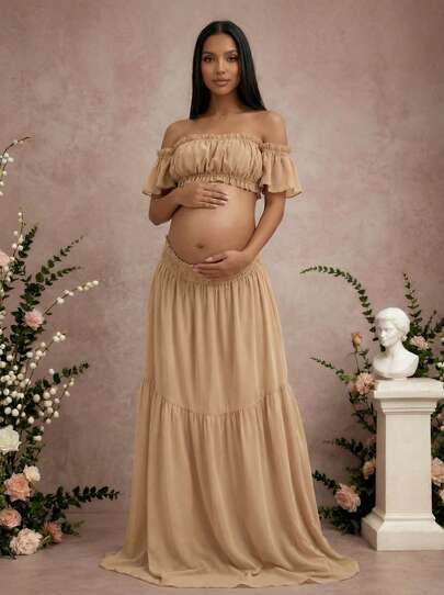 Irresista 孕妇纯色荷叶边露肩长裙（YY883）