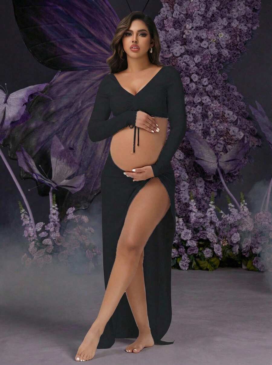 Irresista Maternity 2 Pcs V-Neck Backless Tie-Strap Crop Top & Twist Slit Maxi Skirt For Baby Shower Party Photoshoot Outfit - Black - View 1