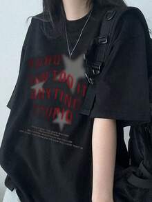 Japanese Style Women's Loose Crew Neck Casual Versatile Letter & Star Print Short Sleeve T-Shirt, Spring/Summer - Black - View 2