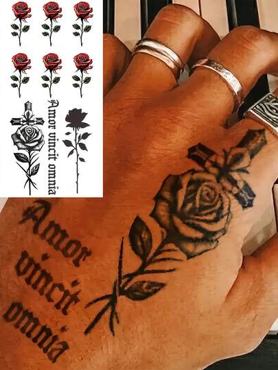 1张Y2K玫瑰花字母复古临时纹身贴纸，男女成人适用，可用于手部、手指、脚部、颈部、锁骨、腰部、腿部、大腿、肩部、脚踝、前臂、小腿、半袖、手臂等部位，半永久性防水持久逼真纹身贴纸。