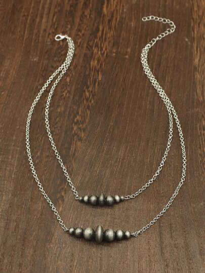 1pc 2-Layer Western Country Style Pearl Surface Brushed Necklace, Fashion Jewelry Western Cowgirl Beaded Short Necklace, Adjustable Boho Vintage Necklace For Women