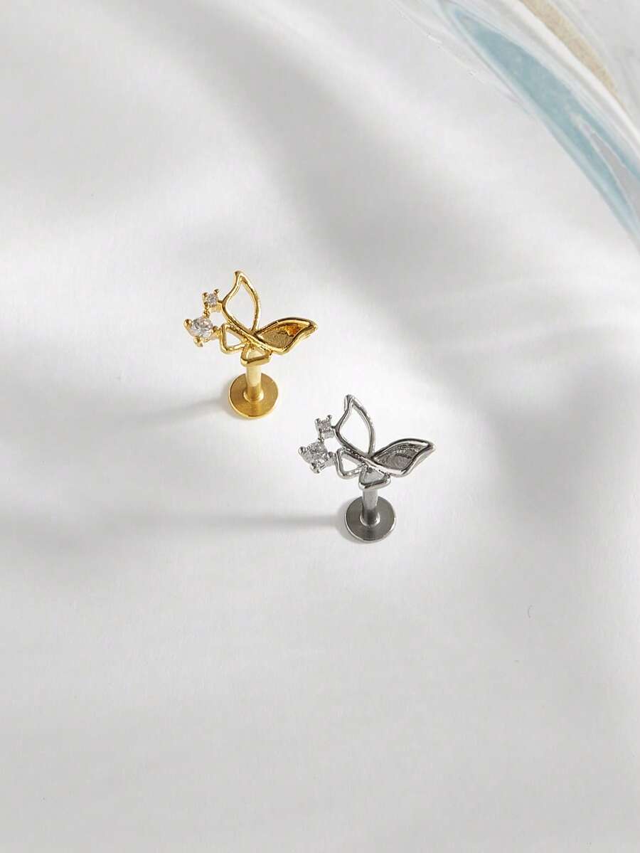 1pc Fashionable Minimalist Diamond Butterfly Stud Earrings, Suitable For Women's Daily Wear - Butterfly - View 1