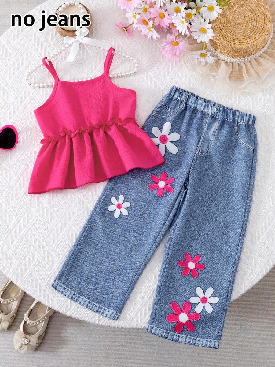 BASUSARRI Conjunto de 2 piezas para niña joven: Top con tirantes y dobladillo con volantes y cintura ceñida, efecto de impresión digital, pantalones de pierna recta, traje casual de moda